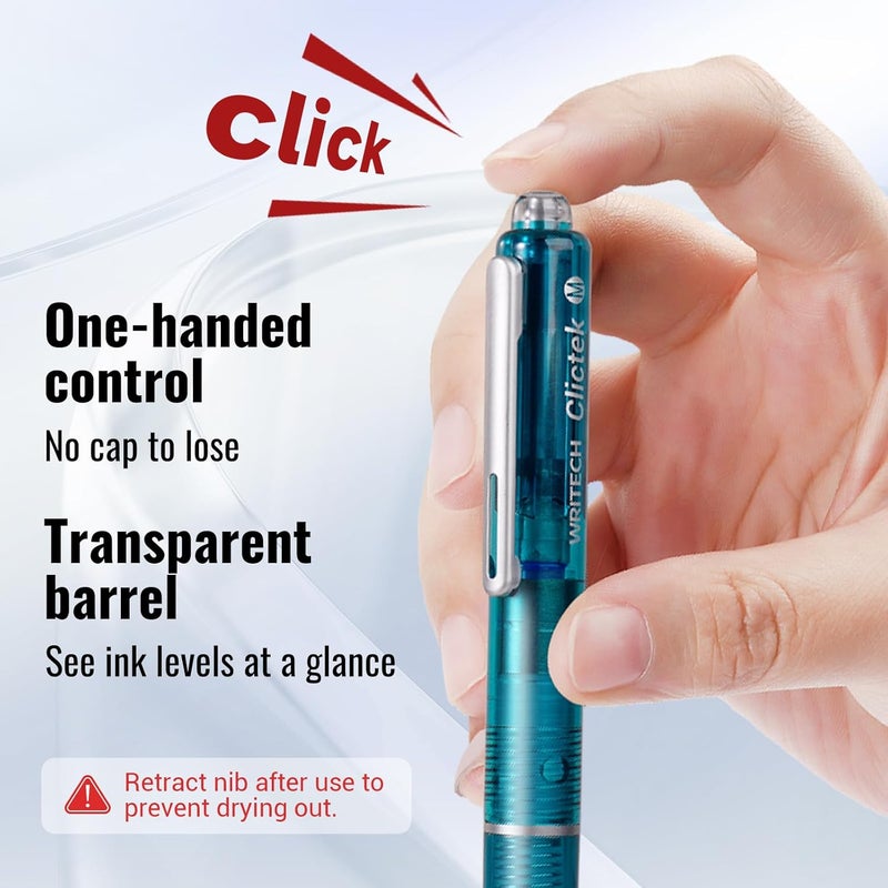 WRITECH Clictek Fountain Pen Set: Retractable Style Blue Ink Medium Nib Transparent Barrel, Includes 5 Ink Cartridges for Gift Set, Smooth Writing No Leaking - Image 3